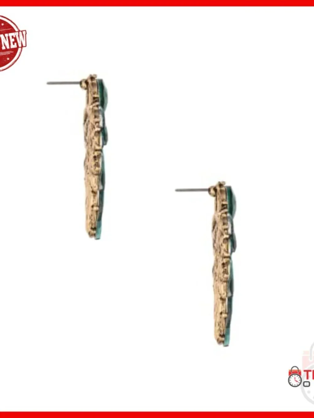 18k Gold Plated Stud Earrings with Emerald Green Crystals, 1.7 Inches